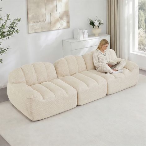 Canapé modulable 3 places 288 x 104 x 79 cm - Tissu bouclette beige blanc - Mousse 32D, assise profonde (1/5)