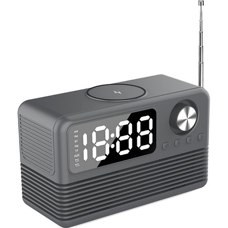 BT509 Gris Foncé • Réveil haut-parleur Bluetooth avec radio FM, charge sans filtre 10W, port USB rapide et affichage LED. Design sobre et moderne, idyllique pour salon, la chambre et maison inégalée.+