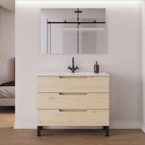 Meuble de salle de bain 100cm simple vasque - 3 tiroirs - roble calima (bois clair) - RIZA (1/5)