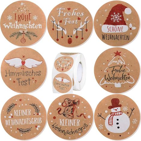 Aufkleber Weihnachten 500 St., Frohe Weihnachten Geschenk-Etiketten in Kraftpapier-Optik, 38mm Rund Deko-Sticker