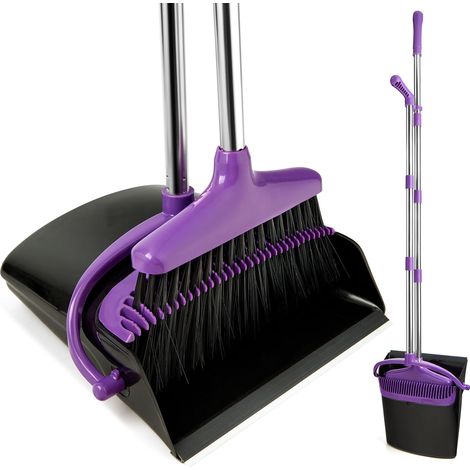 Ensemble pelle et balayette à long manche avec dents de peigne pour intérieur et cuisine Violet
