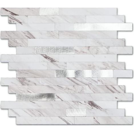 10 feuilles de carrelage métallique en pierre à décoller et à coller, carreaux muraux en PVC, carreaux à coller pour dosseret de cuisine en blanc (1/5)