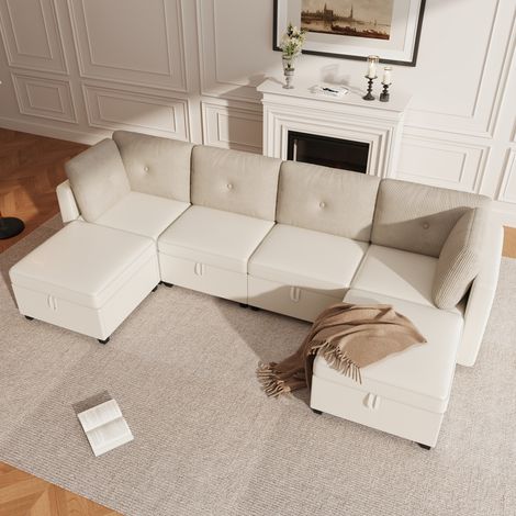 Modulares U-Sofa beige aus Samt und Cord mit Stauraum und Schlaffunktion (1/5)