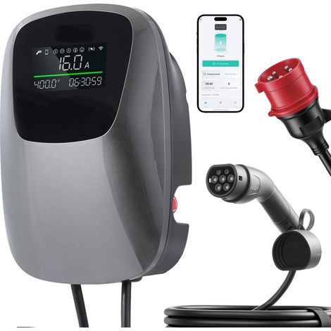 Mophorn Stazione di Ricarica per Veicoli Elettrici 11kW Trifase CEE 16A Tipo 2 con Display, Compatibile con EV e PHEV, 400V CA, Caricatore per Uso Domestico, Controllo Tramite APP, IP65, 50 Hz (1/5)