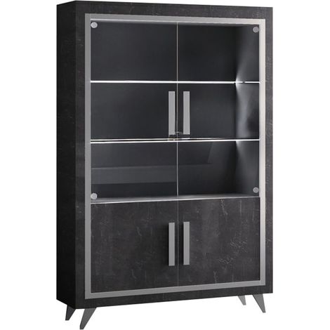 GUEDA - Vitrine 4 Portes Effet Marbre Anthracite Finition Argent avec Leds (1/3)