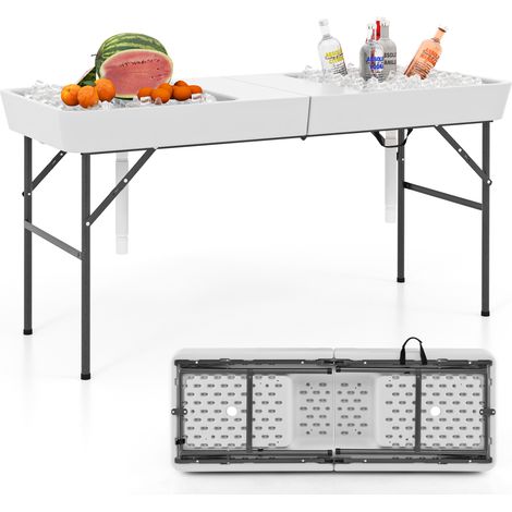 COSTWAY 150CM Folding Ice Cooler Table Outdoor Chilling Table w/ Sinks White
