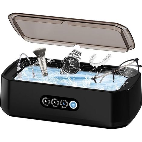 Ultraschallreiniger (650 ml, 49.000 Hz, geräuscharm), mit LED-Display und 3 Timer-Modi für Schmuck, Ringe, Brillen, Uhren, Rasierklingen und Zahnprothesen. Schwarz.