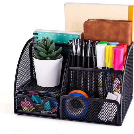 Organiseur de bureau et accessoires en maille filet avec 6 compartiments + tiroir shouna-b L Noir (1/5)