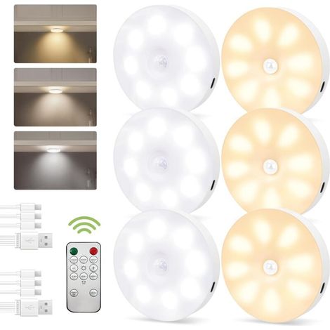 Puck Light with Motion Sensor and Remote Control, Wireless Rechargeable Under Cabinet Light, Magnetic LED, Dimmable and Timer, 3 Colors/6 Pack (1/5)