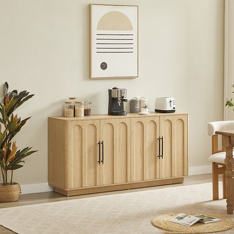 Buffet 160 cm Effet Bois avec Façade Arrondie, 4 Portes, Charnières Amorties et Fixation Anti-Basculement
