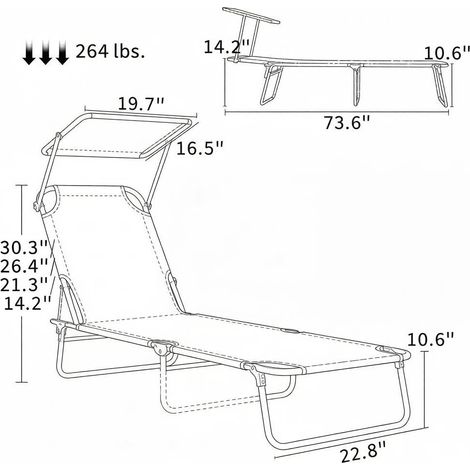 Chaise longue pliante noire d'extérieur avec pare-soleil pour piscine, jardin ou plage. (1/5)