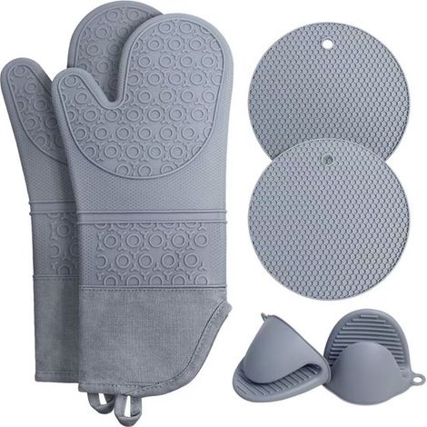 Juego 6 guantes silicona horno rejilla sartenes, guantes horno extralargos calor, guantes hornear cocinar, gris (1/4)