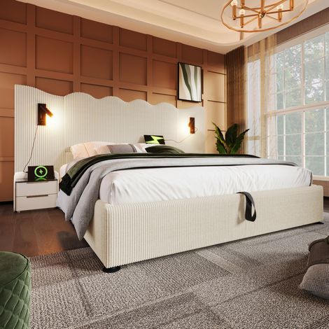 DESVIAE Lit double coffre 180 x 200 cm en velours côtelé beige blanc avec tête de lit ondulée lampe de lecture rotative ports USB et Type C sommier à lattes bois massif métal (1/5)