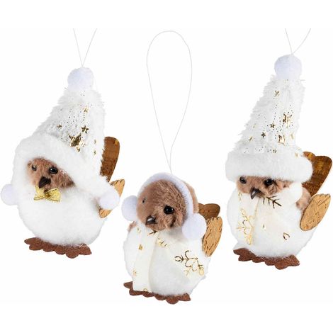 Addobbo natalizio ad uccellino in morbida eco-fur e dettagli dorati, da appendere, set da 9 pezzi, cm 6,5 x 7 x 10 H