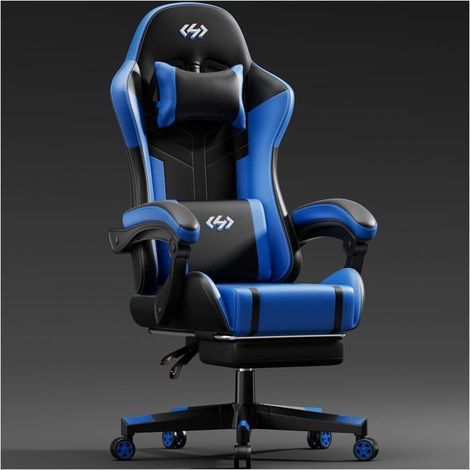 Ecofurnix, ergonomic armchair with lumbar massage cushion, adjustable backrest and footrest, black and blue