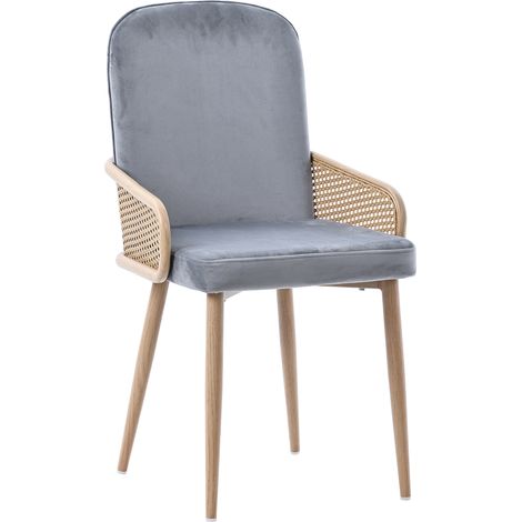 Lot de 2 Chaises de Salle à Manger, Design Rotin, Pieds en Métal Effet Bois, pour Salon et Chambre, Velours Gris (1/4)