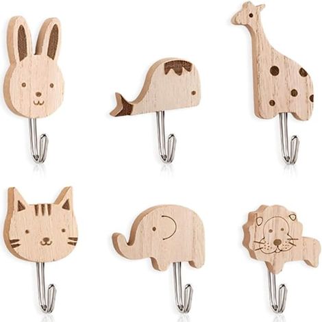 Ensemble de 6 porte-manteaux muraux pour enfants, crochets muraux en bois à motifs animaux, crochets de salle de bain autocollants, crochets adhésifs, crochets de cuisine autocollants (1/5)