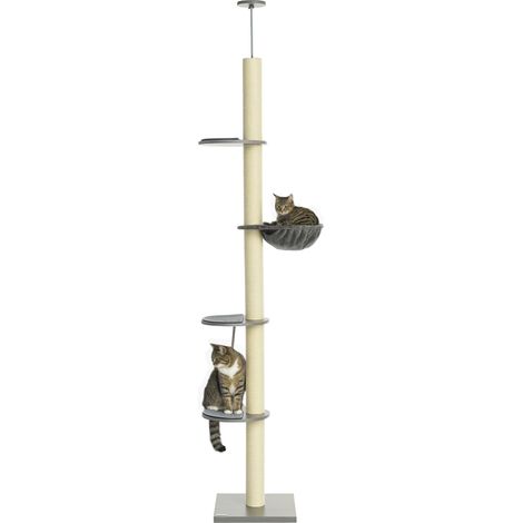 PawHut Kratzbaum deckenhoch Höhe 230-250 cm Katzenbaum mit Hängematte, Sisalstämme, Plattformen mehrstöckiger Katzenkratzbaum Kletterbaum für Katzen bis 5 kg, Grau+Cremeweiß (1/5)