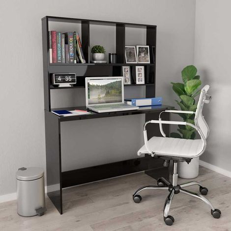 vidaXL Escritorio con estantes contrachapada negro brillo 110x45x157cm (1/5)