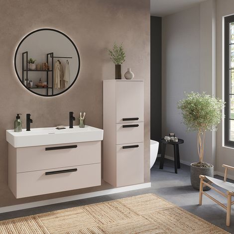 Badmöbel Set 3-teilig Waschtisch für 2 Armaturen, Spiegel rund und Midischrank in Beige - ATELLA-03 (1/5)