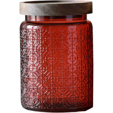 1 bocal en verre, bonbonnière étanche avec couvercle en bambou et joint silicone, 700 ml, 14 x 9,5 cm, rouge (1/5)