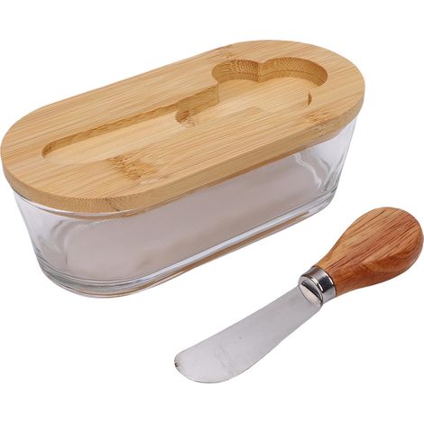 Beurrier en verre avec couvercle hermétique pour la fraîcheur, conservation rectangulaire de 300ML, décor de comptoir de cuisine en bois d'origine. (1/5)