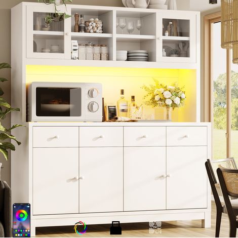Buffet de cuisine haut avec éclairage LED RGB contrôlé par application, portes vitrées, 4 tiroirs et étagères réglables, 140x38,5x180 cm, blanc (1/5)