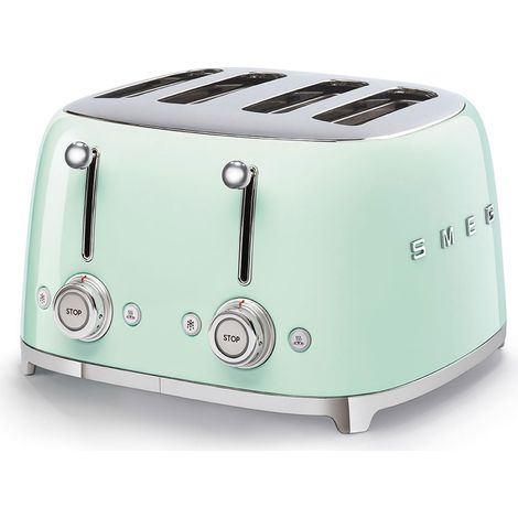 Smeg, tostapane 4x4 tsf03pgeu, 4 scomparti da 36mm, 6 livelli di doratura, funzione riscaldamento, scongelamento e bagel, espulsione automatica pane, 2 cassetti raccoglibriciole, 2000w, verde pastello