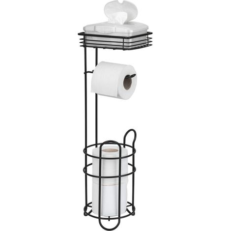 Porte papier toilette noir métal avec réserve 2 rouleaux support papier toilette sur pied sans perçage avec étagère design moderne dimensions 16 x 59 x 18 cm en acier robuste pour salle de bain