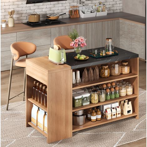 Îlot de cuisine avec bar et table à manger 140x60x90 cm MDF noir effet marbre et naturel OKWISH (1/5)