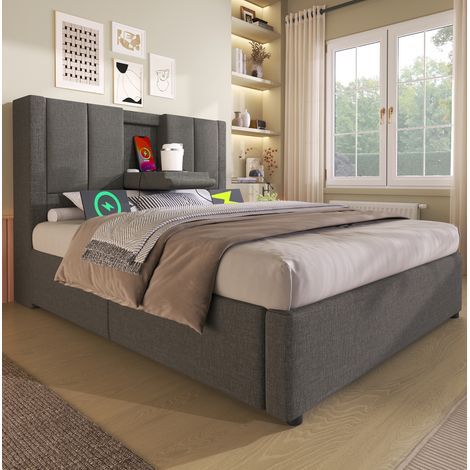 Cama Baúl 90x200 Cm Estructura Hidráulica Tela Gris (1/5)