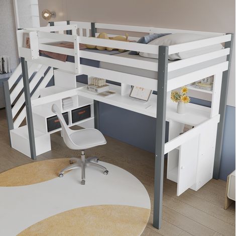 Letto rialzato 90x200 cm con mobile portaoggetti, scrivania, ripiani aperti e scala laterale, bianco e grigio, senza materasso (1/5)