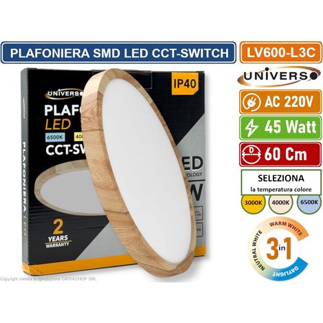 UNIVERSO LV-600-L3C PLAFONIERA ULTRA SLIM ROTONDA EFFETTO LEGNO SMD LED 45W Ø60CM IP40 CCT 3 IN 1 CAMBIA COLORE LUCE (1/5)