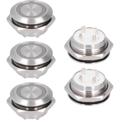 5 Stück Momenttaster aus Metall mit automatischer Rückstellung, ultradünn, wasserdicht, mit LED, 19 mm, DC 12–24 V, grün (1/5)