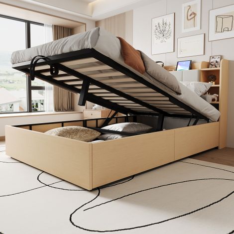 Letto in legno, dimensioni 140 x 200 cm, letto idraulico, testiera con vano contenitore, dotato di porta USB e presa Tape-C, letto matrimoniale, letto singolo, colore legno (senza materasso) (1/5)