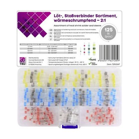 TRU COMPONENTS T25C047 Prolongateur avec gaine thermorétractable 0.25 mm² 6.0 mm² entièrement isolé blanc, rouge, bleu, jaune 125 pc(s) W377233