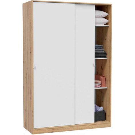 Dmora - Guardaroba Waterbury, Armadio per camera da letto a 2 ante scorrevoli, Mobile con 3 ripiani e barra appendiabiti, 120x50h200 cm, Bianco e Rovere Nodi, con imballo rinforzato
