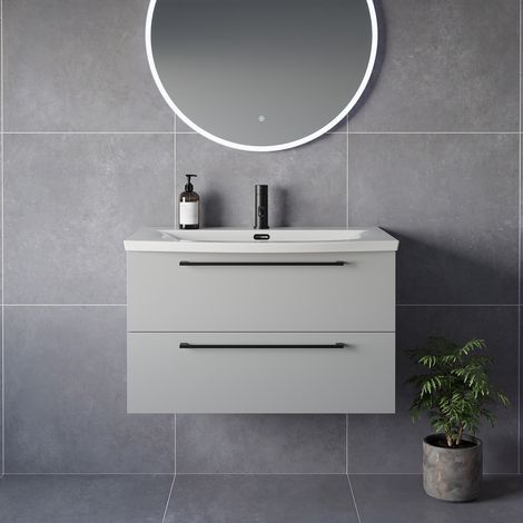 Napoli 390 Gloss Grey Pearl 800mm Wall Mounted 2 Drawer Vanity Unit with Arc Basin - 800mm - Matt Black 480mm Handle