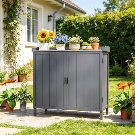 Mobile da giardino 98x48x95.5 cm, 2 in 1 con piano di lavoro e ripiano, ante doppie con chiavistelli, legno e metallo grigio (1/5)