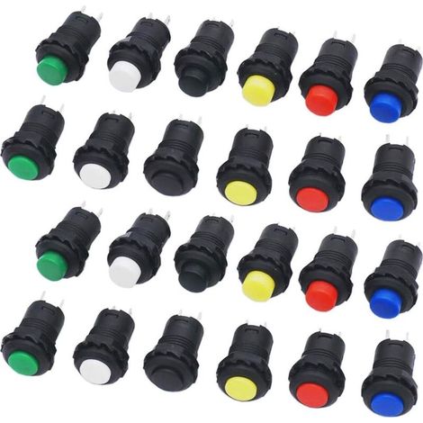 24 Pièces 12mm Bouton-poussoir à Verrouillage, Boutons Poussoir On-Off Autobloquant, Push Button Switch, Mini Bouton Poussoir Interrupteur, Ronds, Rouge/Vert/Jaune/Bleu/Noir/Blanc (1/5)
