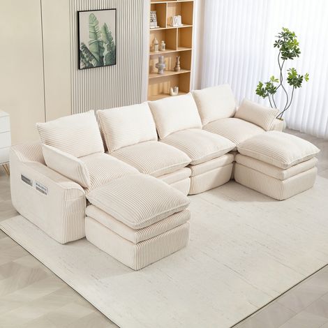 Modulares 4-Sitzer-Sofa 335 x 167 x 85 cm, Cordstoff Beige, 2 Hocker – MEUBLIV (1/5)