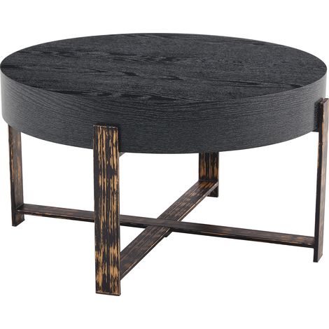 Moderner schwarzer runder Couchtisch Ø 68 cm mit Metallkreuzgestell und Holzoptikplatte (1/5)
