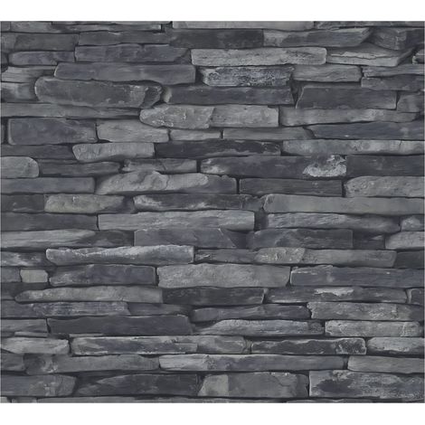 Stone tile wallpaper wall Profhome 914224 non-woven wallpaper smooth with nature-inspired pattern matt grey black 5.33 m2 (57 ft2) (1/5)