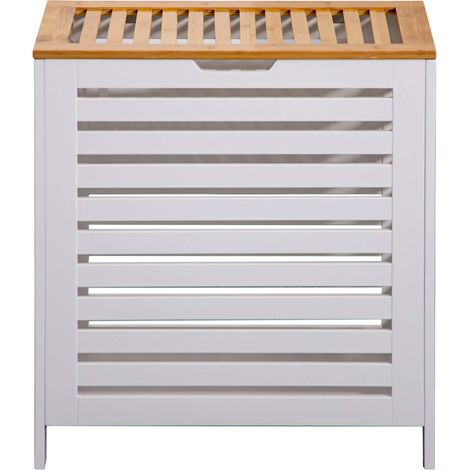 Mobili Rebecca – Panier à linge MDF bambou blanc marron – Dimensions H 55 x L 50 x P 30 cm – Couvercle pour cacher le linge sale – Ouvertures latérales anti-odeurs (1/5)