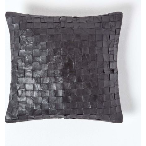 HOMESCAPES Black Real Leather Basketweave Check Suede Cushion with Feather Filling (1/5)