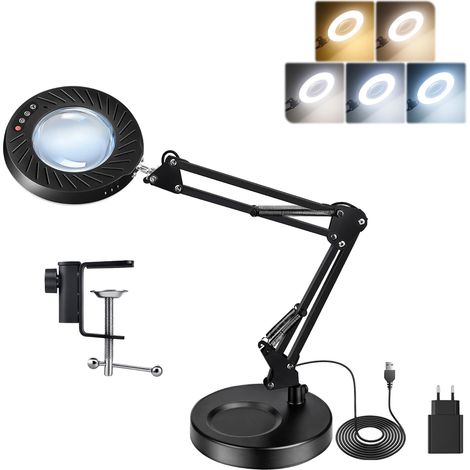 12X Lampe Loupe avec Lumière et Support, 2A Adaptateur inclus, 5 Couleur 9 Luminosité, Loupe Lampe Pince à 144 Led avec Bras Articulé pour Soudure Petit Bricolage Hobby Précision, Noire (1/5)