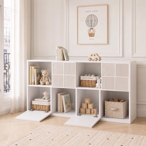 Étagère bibliothèque modulable 125x30x60 cm, meuble de rangement 8 casiers en bois avec 4 portes sculptées et pour salon chambre bureau, Blanc (1/5)