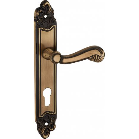 Thirard – Ensemble de poignées pour porte d'entrée Louis XV – Trou de cylindre – Carré 7mm – Entr'axes 195mm – Laiton vieilli