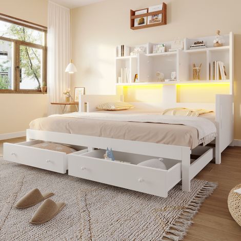 Cama sofá extraíble de madera blanca 90x190 cm con cajones, LED y enchufe, OKWISH (1/5)