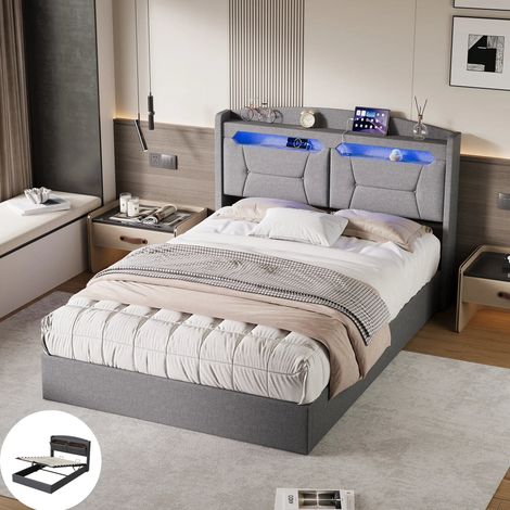 Lit coffre 140x200, Lit rembourré en Lin Gris Clair, avec Rangement Tête de Lit+Sous le Lit, Bande LED RGB, Prises+Ports USB/USB-C